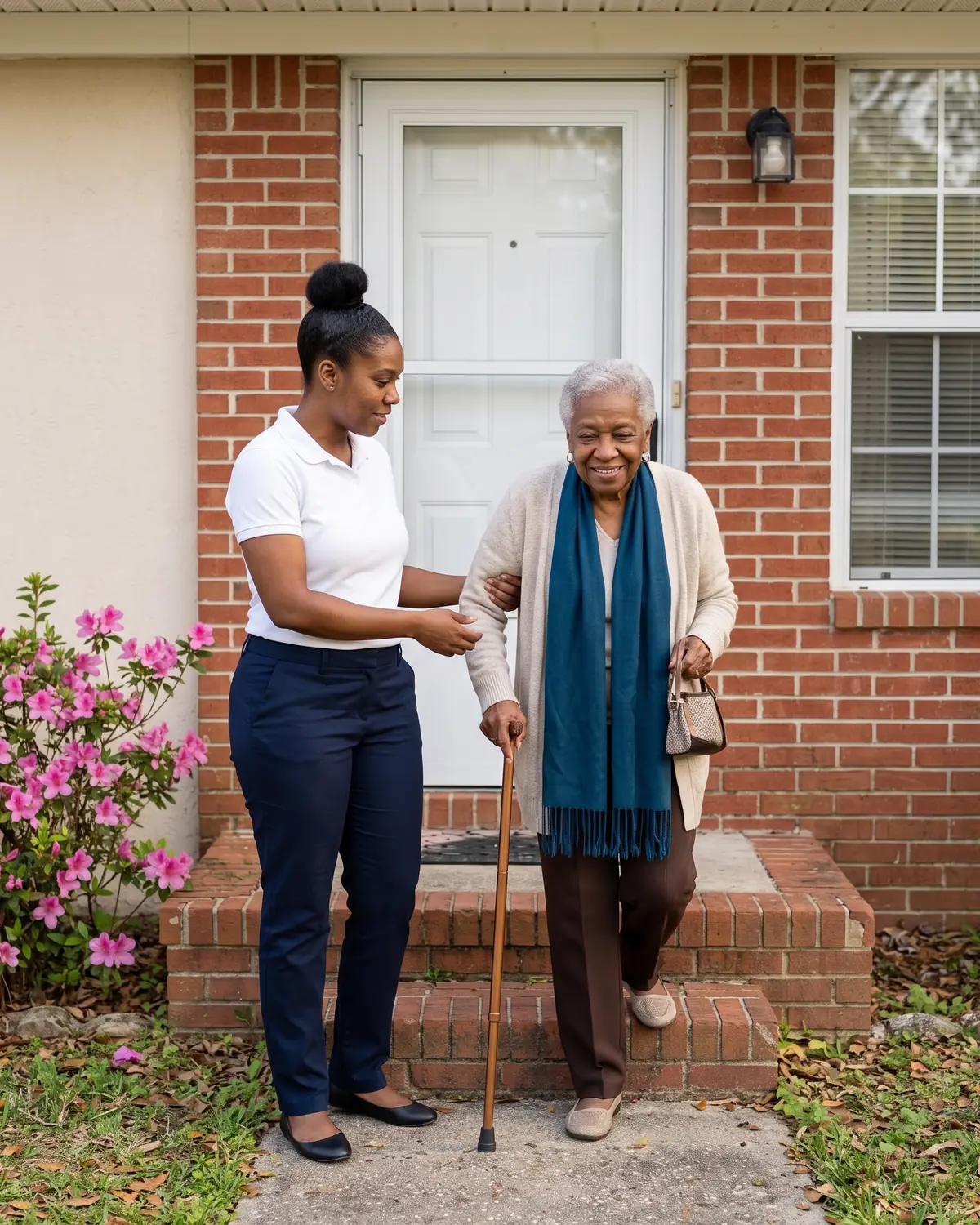 An Emerald Care Rides driver offers a steady arm to a rider with a cane on her front steps in Tallahassee, Florida.