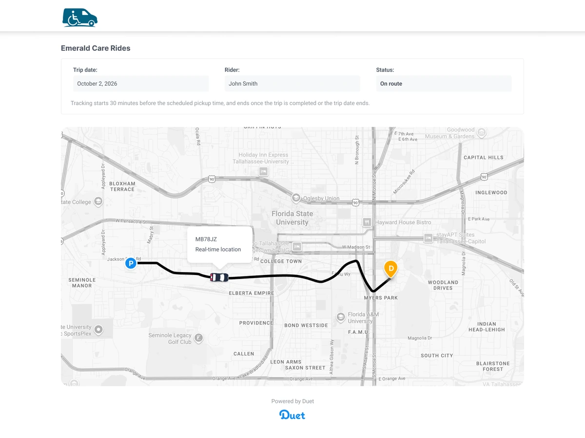 Duet live tracking page for an Emerald Care Rides ride: a map of central Tallahassee shows the van's real-time location on its route between the pickup and the drop-off.