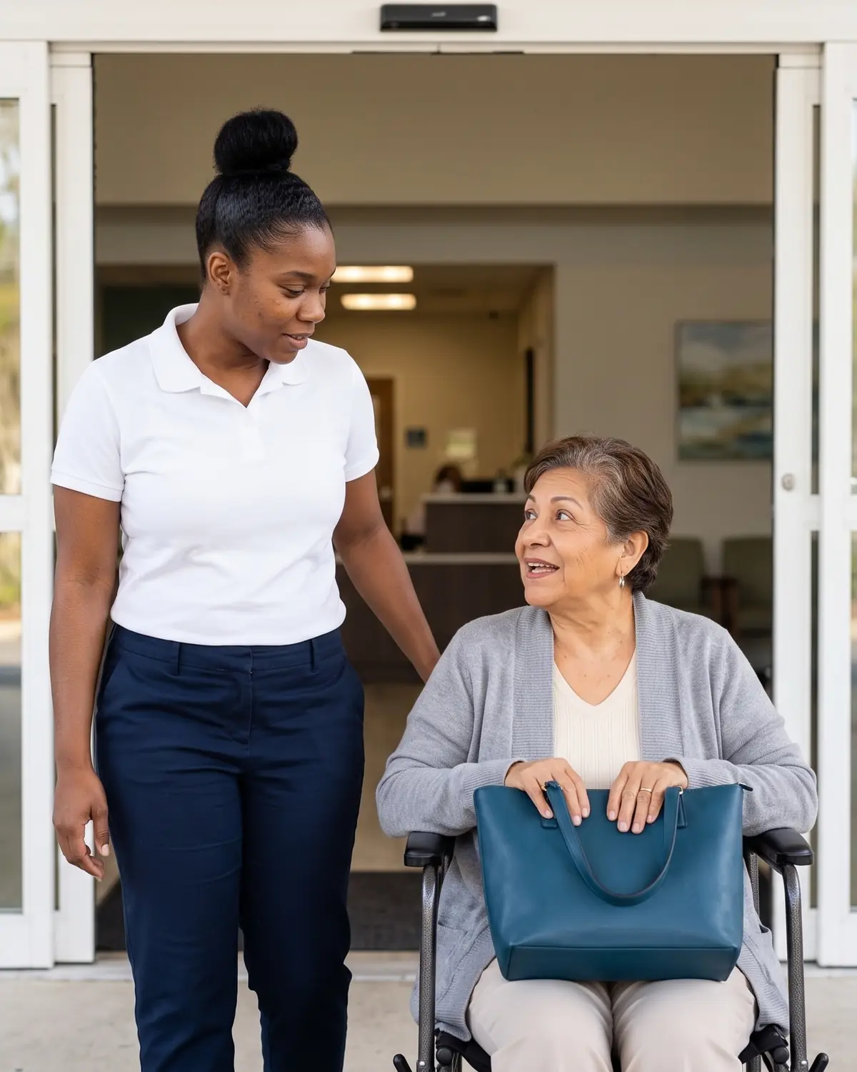 An Emerald Care Rides driver brings a rider out through the hospital entrance in a wheelchair after a discharge in Tallahassee, Florida.