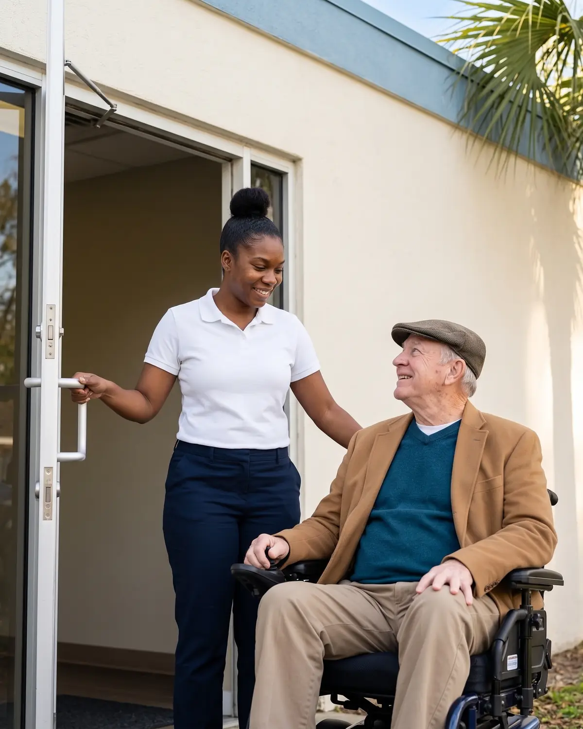 An Emerald Care Rides driver holds the clinic door open for a rider in his own power wheelchair in Tallahassee, Florida.